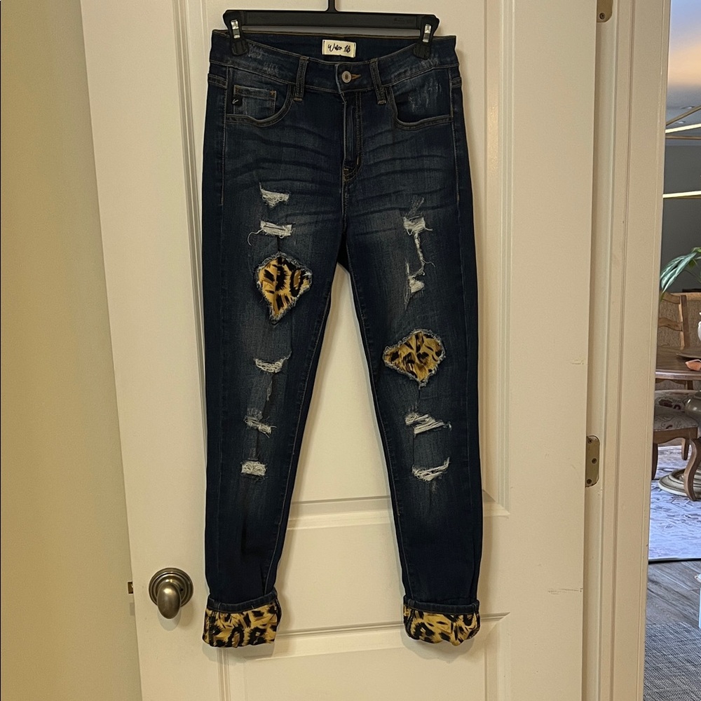 YMI Dark Blue Distressed Jeans with Leopard Details